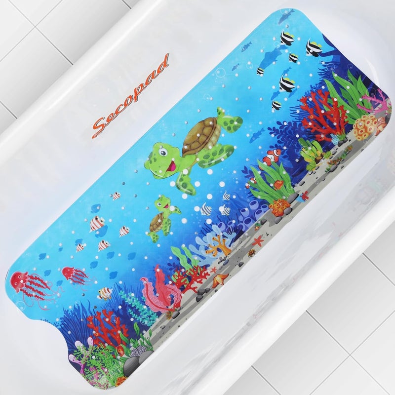 Secopad Bath Mat for Tub Non Slip, Machine Washable Anti-Slip Cartoon Baby Bathtub Shower Mat with Drain Holes and Suction Cups for Toddler & Kids (40 Inch x 16 Inch-Rectangular, Turtles) - Image 1