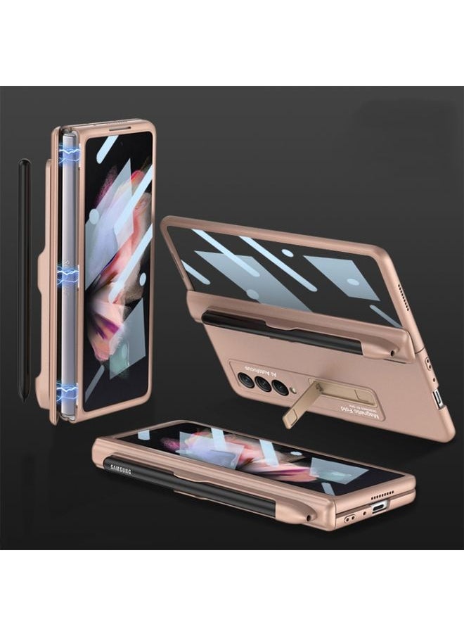 Generic Case Cover For Samsung Galaxy Z Fold 3 5G Integrated Magnetic Full Coverage Phone Flip Case with Pen Slot Mist Gold 