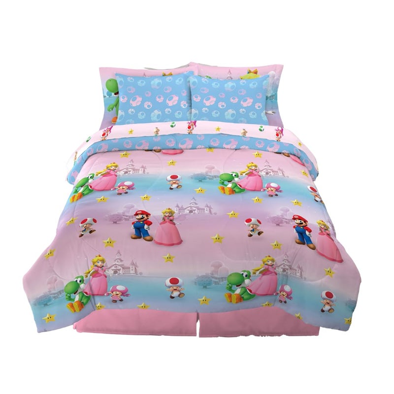 Franco Super Mario Girl Princess Peach Girl Gamer Kids Bedding Super Soft Cozy Reversible Microfiber Comforter and Sheet Set with Sham 7 Piece Queen Size Officially Licensed Product