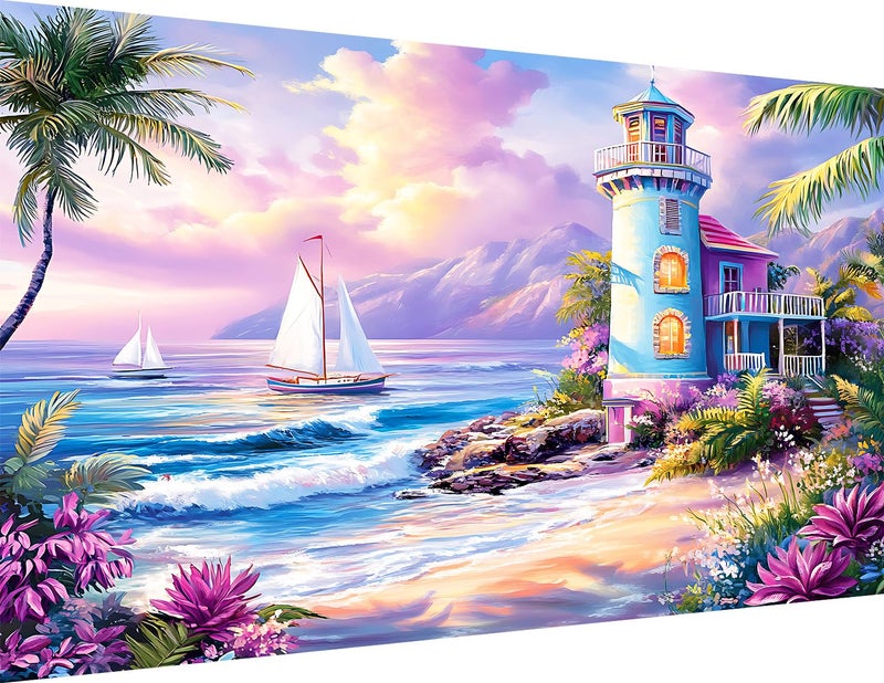 igoodom Large Diamond Painting, Large Beach Lighthouse Diamond Art Kits for Adults, Full Drill Round Big Diamond Painting, DIY Gem Art and Crafts for Home Wall Decor Gift 27.5 X 15.7inch - Image 1