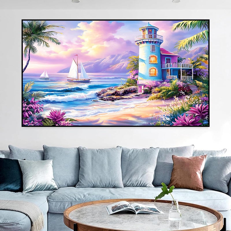 igoodom Large Diamond Painting, Large Beach Lighthouse Diamond Art Kits for Adults, Full Drill Round Big Diamond Painting, DIY Gem Art and Crafts for Home Wall Decor Gift 27.5 X 15.7inch - Image 3