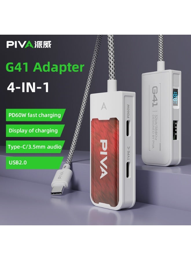 PIVA G41 4-in-1 Type-C Adapter with 60W USB-C Fast Charging, USB 2.0 DAC, 32bit/mi KHz Mbps Data Transfer, and a 3.5mm/Type-C Audio Port with Charging Power Display is compatible with Type-C devices, iPhones with Type-C ports, and iPads. - Image 4