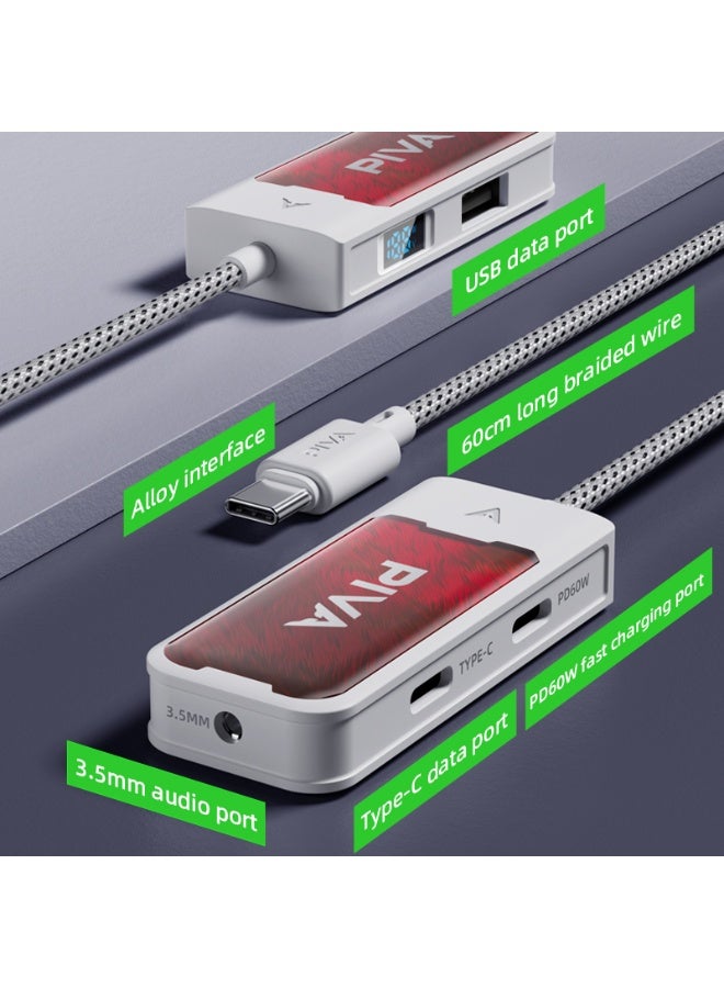 PIVA G41 4-in-1 Type-C Adapter with 60W USB-C Fast Charging, USB 2.0 DAC, 32bit/mi KHz Mbps Data Transfer, and a 3.5mm/Type-C Audio Port with Charging Power Display is compatible with Type-C devices, iPhones with Type-C ports, and iPads. - Image 5