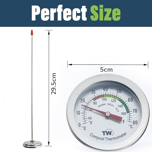 Thermometer World Compost Thermometer Stainless Steel Dial - Ideal Composting Soil Thermometer with 50MM Diameter C and F Dial and 295MM Compost Temperature Gauge Probe - Image 5