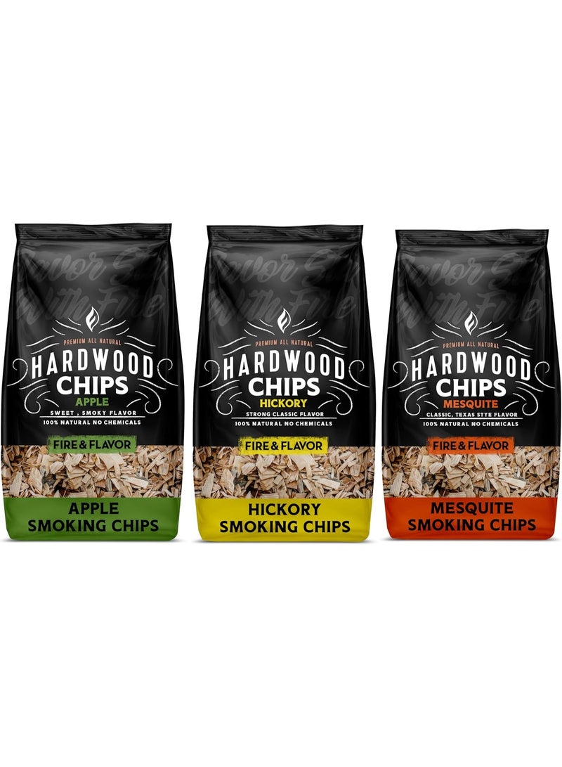 Fire & Flavor Premium All Natural Wood Chip Bundle for Smokers - Wood Chips for Smoking - Smoker Wood Chips - Smoker Accessories Gifts for Men and Women - 3 1.37 Lb Bags - Apple, Mesquite, Hickory  - Image 1