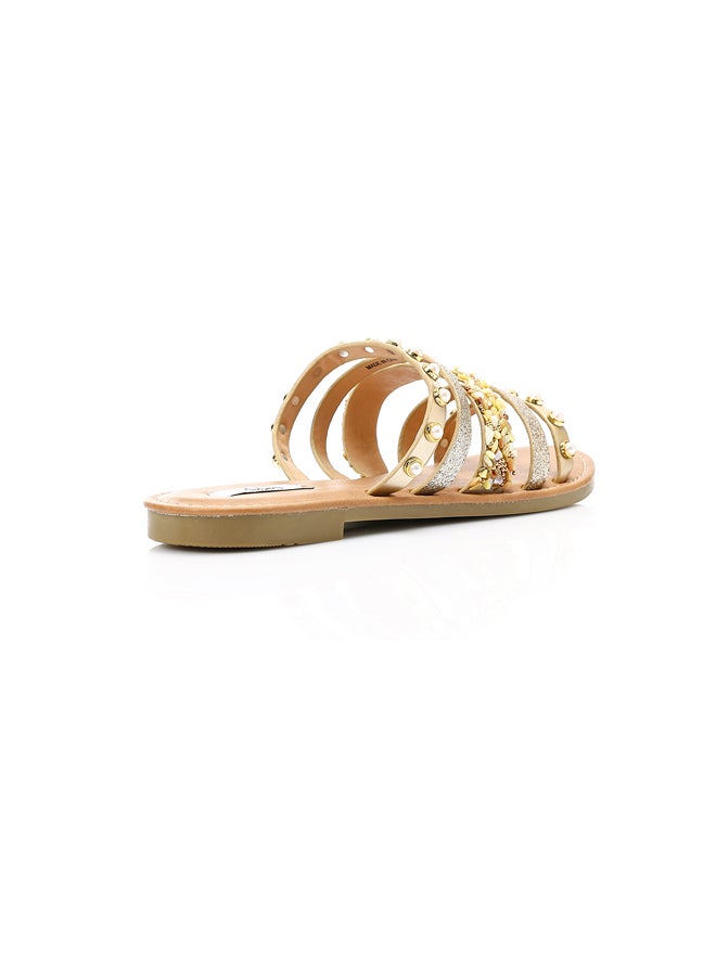 DejaVu Decorative Studs and Pearls Flat Slippers - Gold & Beige  - Image 2
