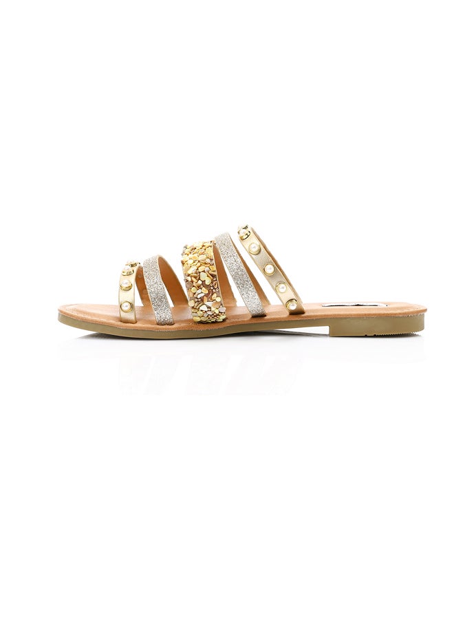 DejaVu Decorative Studs and Pearls Flat Slippers - Gold & Beige  - Image 3