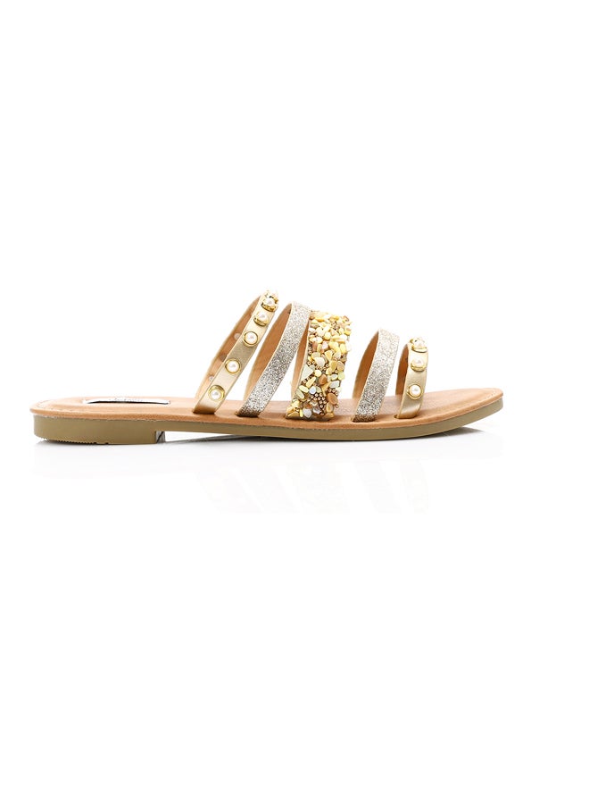 DejaVu Decorative Studs and Pearls Flat Slippers - Gold & Beige  - Image 1
