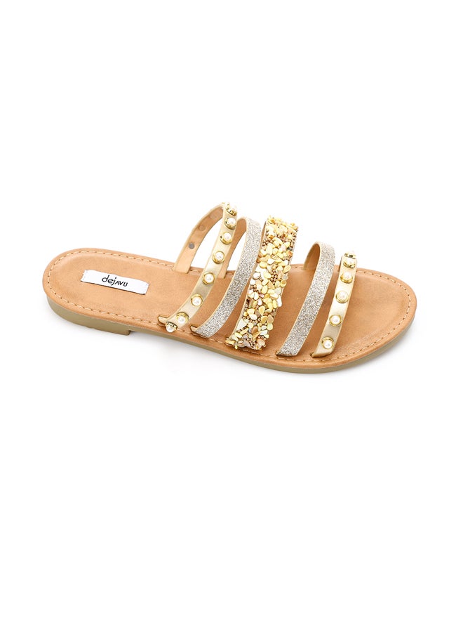 DejaVu Decorative Studs and Pearls Flat Slippers - Gold & Beige  - Image 5