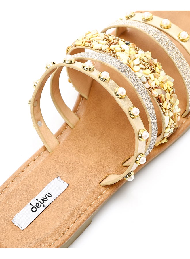 DejaVu Decorative Studs and Pearls Flat Slippers - Gold & Beige  - Image 4