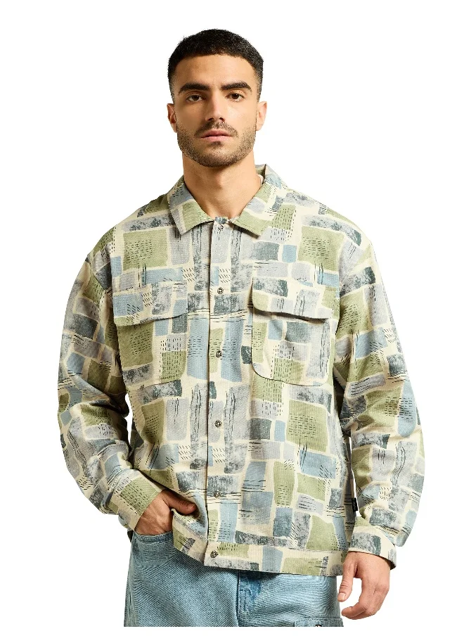 Beyoung Green and Beige Cotton Abstract Shacket