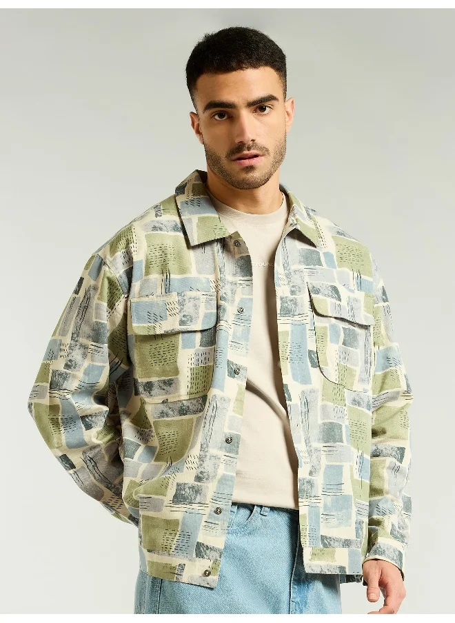Beyoung Green and Beige Cotton Abstract Shacket