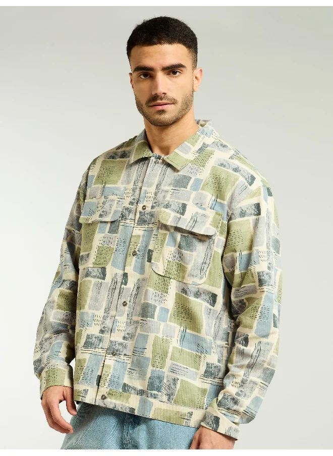 Beyoung Green and Beige Cotton Abstract Shacket