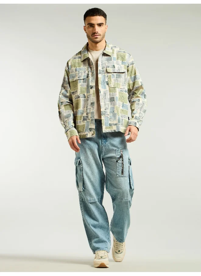 Beyoung Green and Beige Cotton Abstract Shacket