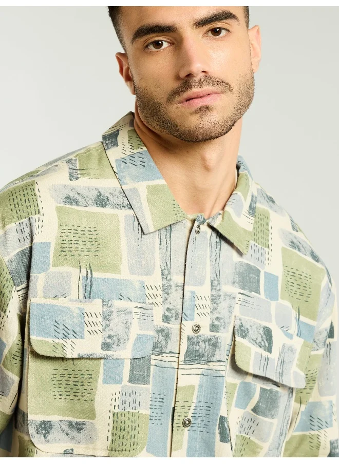 Beyoung Green and Beige Cotton Abstract Shacket