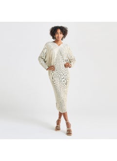 FAV All-Over Pleated V-neck Dress with Extendable Sleeves  - Image 1