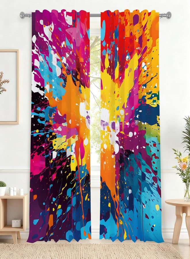 Renaiss 42 x 84 Inch Rainbow Colored Splash Bedroom Curtains Colorful Paint Splatter Rod Pocket Window Decor Light Filter Curtains for Living Dining Room Abstract Art Window Drapes Linen 2 Panels - Image 1