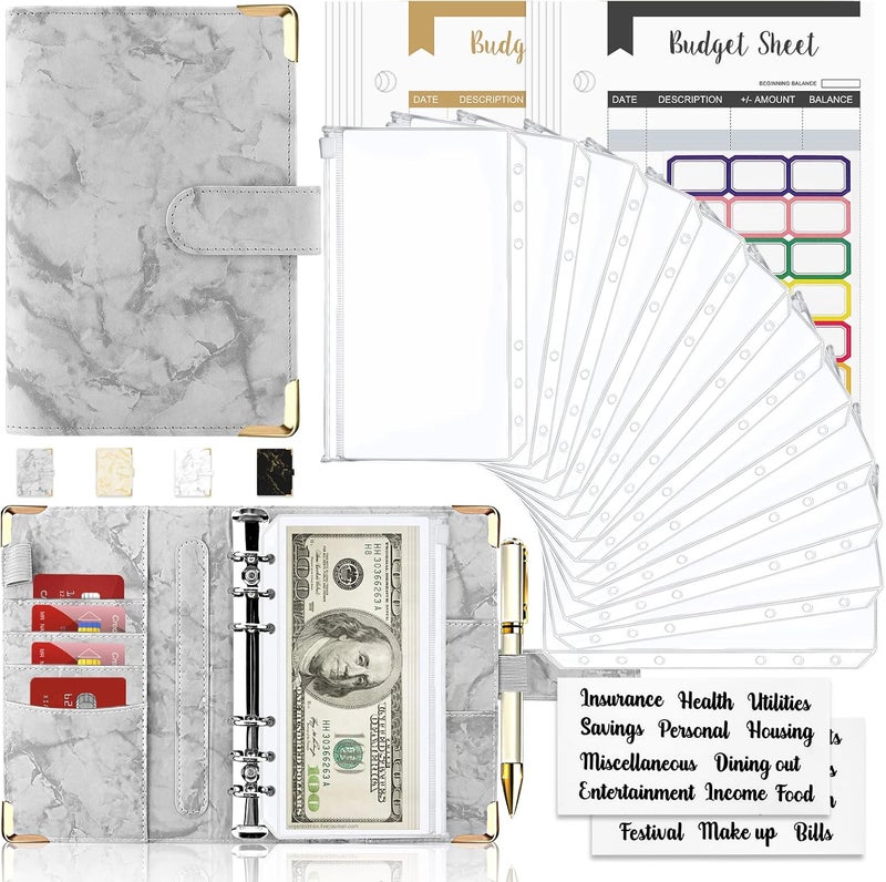 Onlyesh Budget Binder with Cash Envelopes, 28Pcs Marble 6Ring Saving Binder (Grey) - Image 1