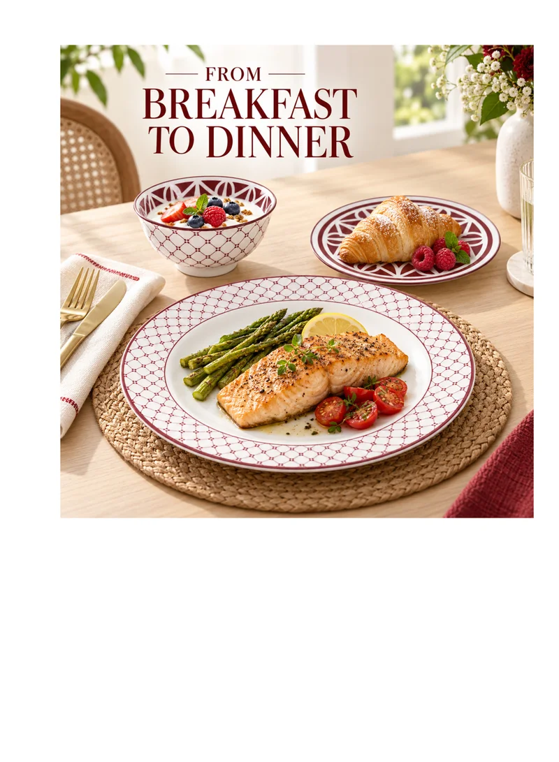 Shallow Shallow AMALFI 12-Pc Porcelain Dinner Set – Red & White Modern Crockery | 4×10.5” Dinner Plates, 4×7.5” Side Plates & 4×4.5” Small Bowls | Durable, Chip-Resistant Dinnerware Set