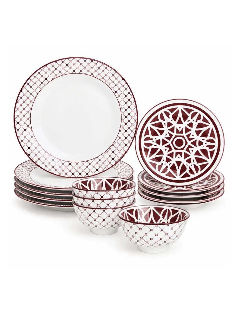Shallow Shallow AMALFI 12-Pc Porcelain Dinner Set – Red & White Modern Crockery | 4×10.5” Dinner Plates, 4×7.5” Side Plates & 4×4.5” Small Bowls | Durable, Chip-Resistant Dinnerware Set