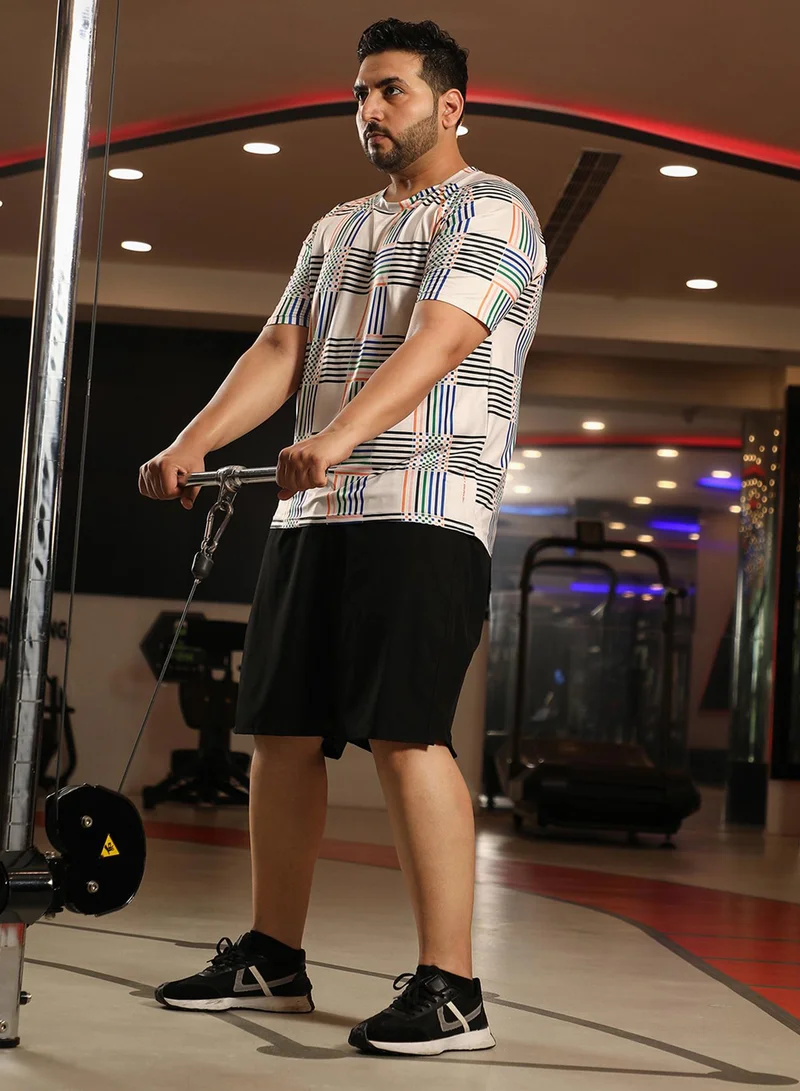 انستافاب بلس Instafab Plus Men's Ivory White Lines Activewear T-Shirt For Casual Wear | Crew Neck | Short Sleeve | Anti-Odor | Dri-Fit | Jersey T-Shirt Crafted With Comfort Fit & High-Performance