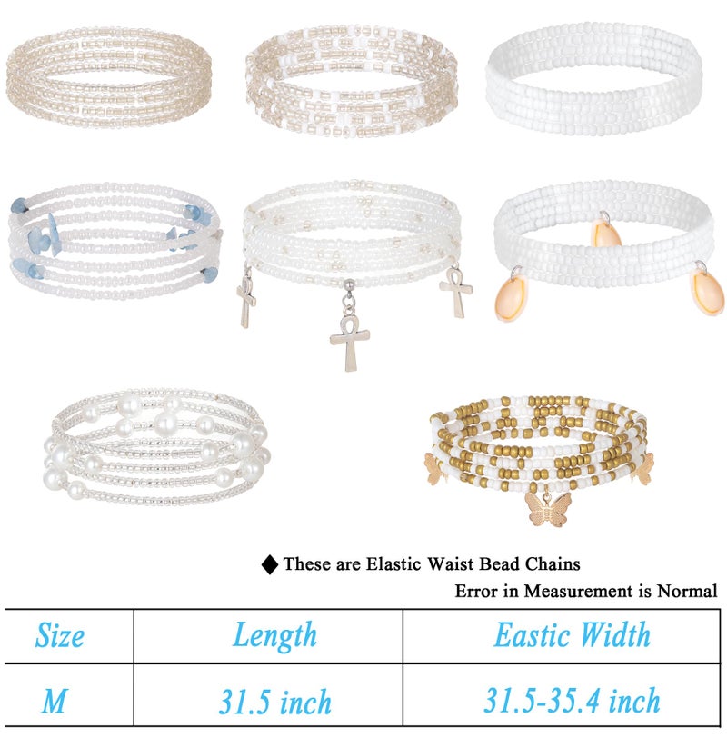 Tornito 8Pcs 31.5 Inches African Waist Bead Chain Elastic Belly Beads Butterfly Shell Layered Body Chain Colorful Jewelry Accessories for Women (C:8Pcs(White)) - Image 5
