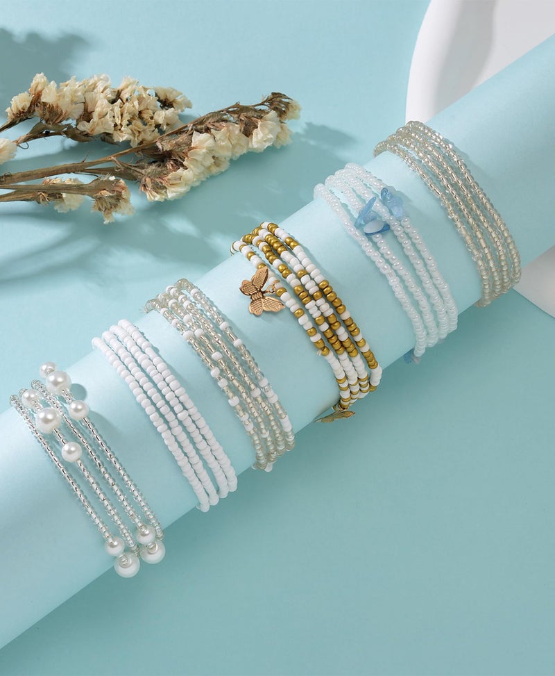 Tornito 8Pcs 31.5 Inches African Waist Bead Chain Elastic Belly Beads Butterfly Shell Layered Body Chain Colorful Jewelry Accessories for Women (C:8Pcs(White)) - Image 2