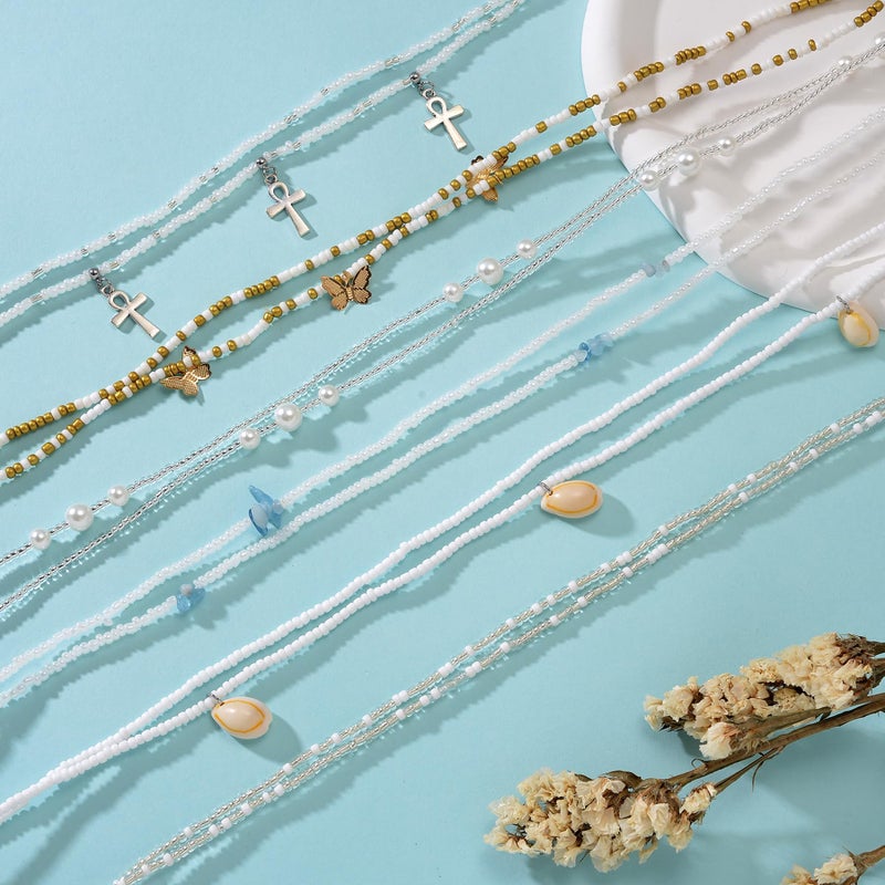 Tornito 8Pcs 31.5 Inches African Waist Bead Chain Elastic Belly Beads Butterfly Shell Layered Body Chain Colorful Jewelry Accessories for Women (C:8Pcs(White)) - Image 3