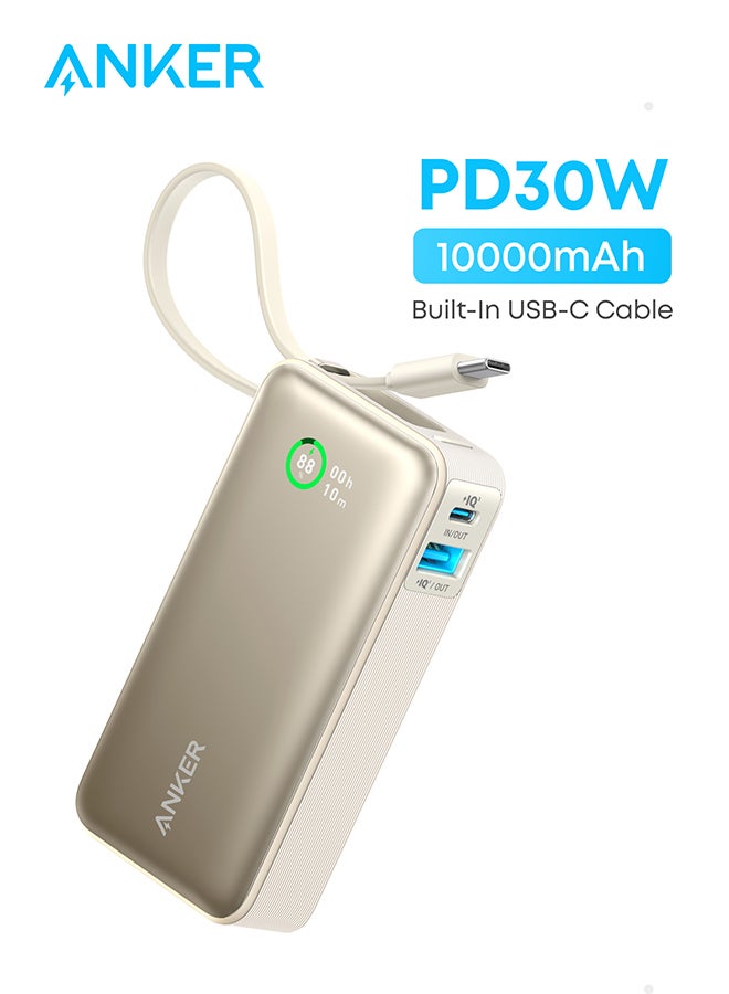 بنك طاقة نانو 10000 مللي أمبير في الساعة، شاحن محمول مع كابل USB-C مدمج، مخرج PD 30 وات مع 1 USB-C، 1 USB-A، حزمة بطارية شحن سريعة لسلسلة iPhone 15/14 وGalaxy وiPad وAirPods والمزيد أبيض - Image 1