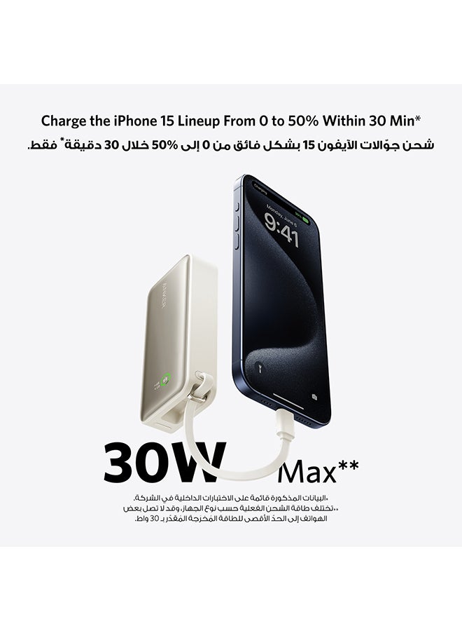 بنك طاقة نانو 10000 مللي أمبير في الساعة، شاحن محمول مع كابل USB-C مدمج، مخرج PD 30 وات مع 1 USB-C، 1 USB-A، حزمة بطارية شحن سريعة لسلسلة iPhone 15/14 وGalaxy وiPad وAirPods والمزيد أبيض - Image 3