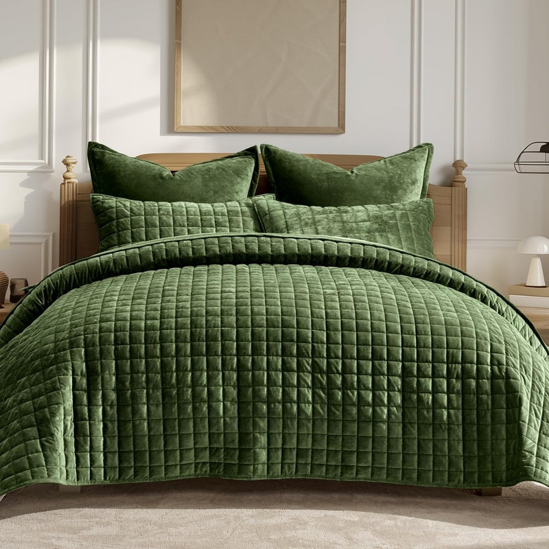 RECYCO Luxury Velvet Quilt Set Full Queen Size Bedding Sets, Ultra Soft Velvet Comforter Set, Lightweight Channel Box Stitch Oversized Bedspread Coverlet for All Season, with 2 Shams, Loden Green - Image 1