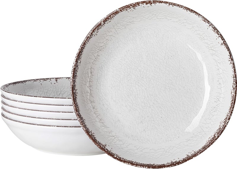 LEHAHA Farmhouse Pasta Bowls Set of 6 White Melamine Rustic 42 oz Shallow Bowl Large Salad Bowl Deep Pasta plate Dishwasher Safe Serving Bowls - Image 1
