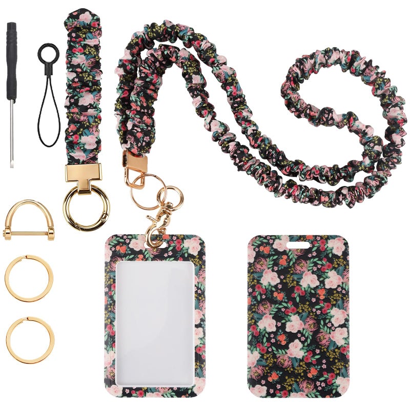 Nlicrst Scrunchie Lanyard Breakaway with ID Badge Holder - Flower Style Stretchy Lanyards with ID Badges Wristlet Keychain Key Rings Set for Women Teachers Nurse Work, School, Birthday Gifts - Image 1
