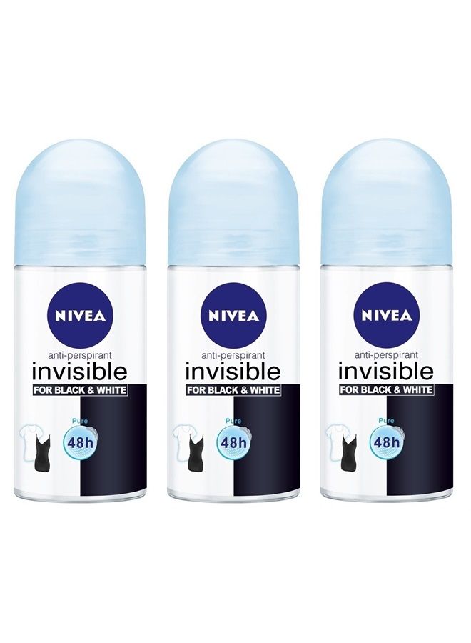 Nivea (Pack of 3 Bottles) Nivea INVISIBLE FOR BLACK & WHITE PURE Women's Roll On Anti-perspirant Deodorant (Pack of 3 Bottles, 1.7oz / 50ml Each Bottle)