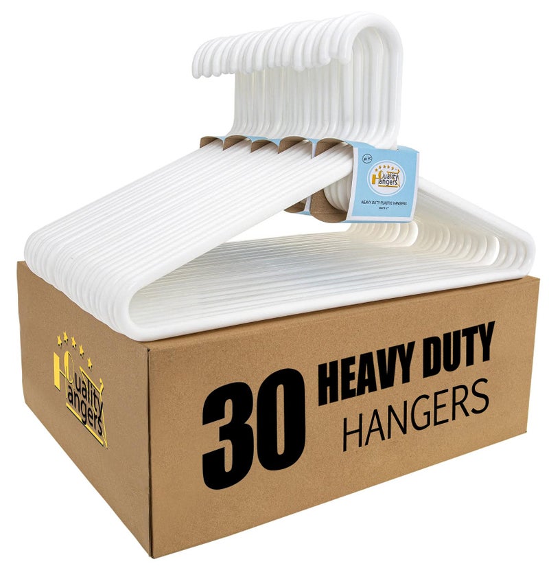 Quality Hangers Quality White Plastic Hangers 30 Pack - Super Heavy Duty Multipack for Clothes - Thick Strong Standard Closet Clothing Hangers with Hook for Scarves and Belts-17 for Coats (White, 30) - Image 1