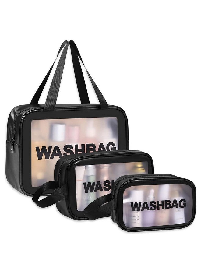 Ascension Travel Makeup Pouch Set Wash Makeup Bag Cosmetic Organizer Bag for Women and Girls PVC Waterproof Portable Carry Pouch Toiletry Storage Kit Set of 3 -Black - Image 1