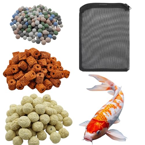 COLOURFUL - Filter Media for Water Quality & Healthy Fish Tanks | 150g Yellow Bacterial Ball + 150g Red Breathing Ring + 150g Small Colour Quarz Ball, (3 in 1 Filter Media with Net Bag, Combo-1) - Image 1