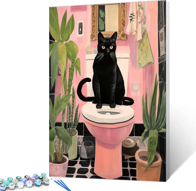 Tucocoo Black Cat Sit on Toilet Oil Painting Paint by Number Kits 16 x 20 inch Canvas Abstract Botanical Pink Green DIY Painting for Kids Students Adults Beginner with Brushes Acrylic Pigmentwithout Frame - Image 2