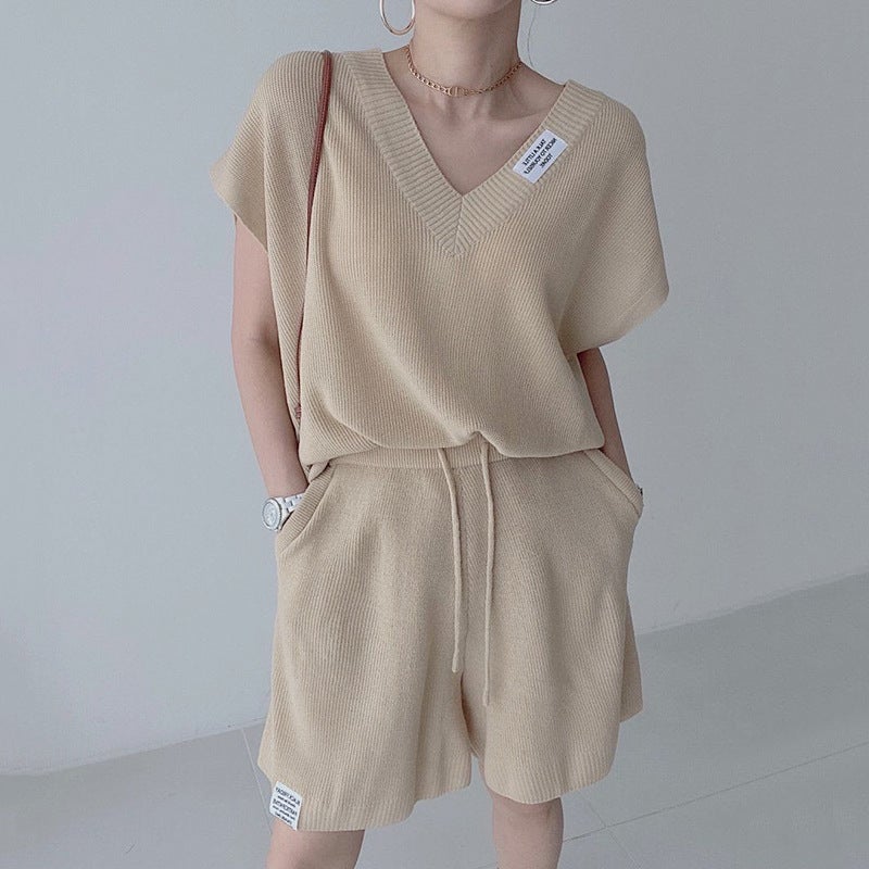 South Korea Chic Sweet V-Neck Loose Letter Sticker Short-Sleeved Knit Sweater Drawstring High Waist Casual Wide-Leg Shorts for Women Khaki - Image 1