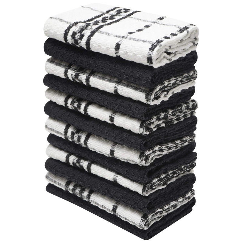 K Collection 12 Pack Check Kitchen Towels Set  40 x 70 cm Black and White  100 Ring Spun Cotton 285GSM Super Soft and Absorbent Dish Towels Tea Towels and Bar Towels