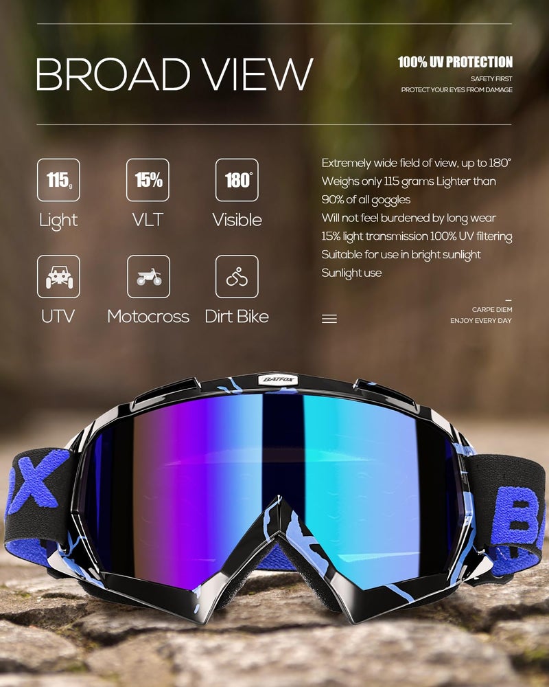 BATFOX Motorcycle Glasses Goggles Dirt Bike Motocross Safety ATV Tactical Riding (Blue Black, Adult) - Image 4