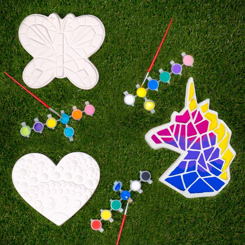 Creative Roots Paint Your Own Stepping Stones Multipack with Butterfly, Unicorn, & Heart, 3 Ceramic Stepping Stones (7 Inch Each), 18 Acrylic Paints, 3 Paintbrushes, Ages 8+ - Image 1