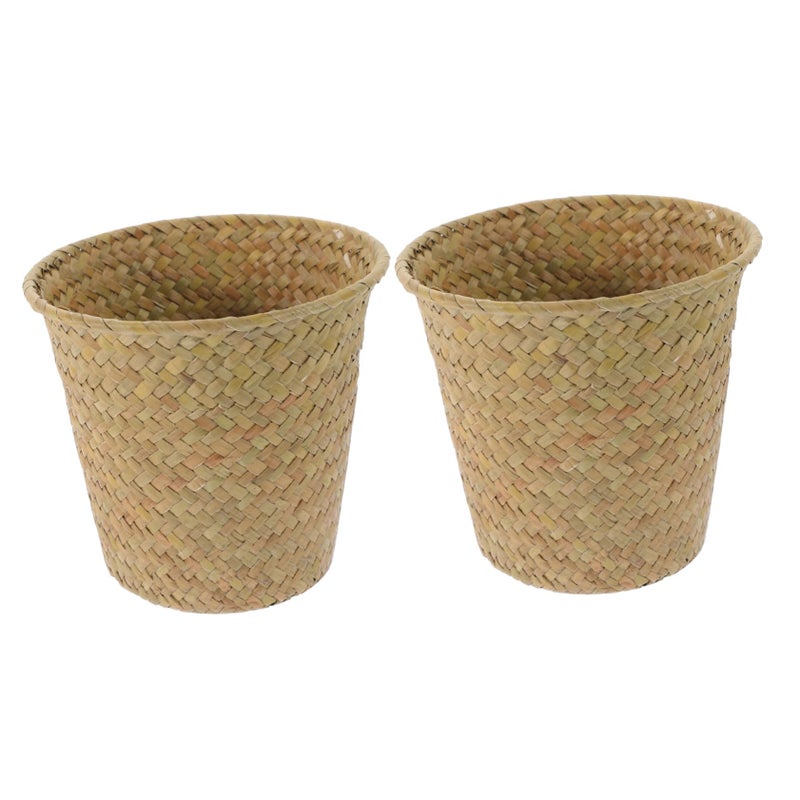 Hand Woven Straw Plant Basket Set Of 2 Boho Style Multi Purpose Flower Holder - Image 2