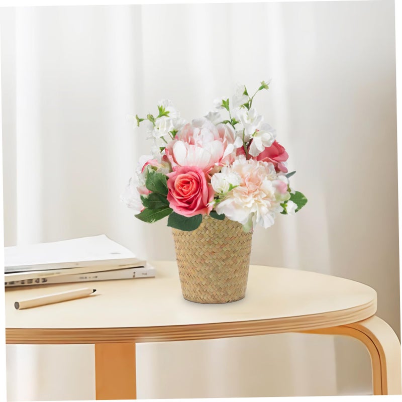 Hand Woven Straw Plant Basket Set Of 2 Boho Style Multi Purpose Flower Holder - Image 4