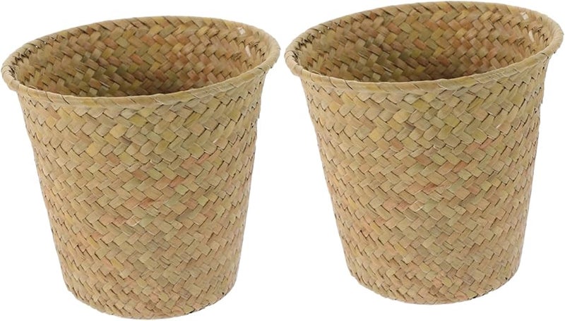 Hand Woven Straw Plant Basket Set Of 2 Boho Style Multi Purpose Flower Holder - Image 1