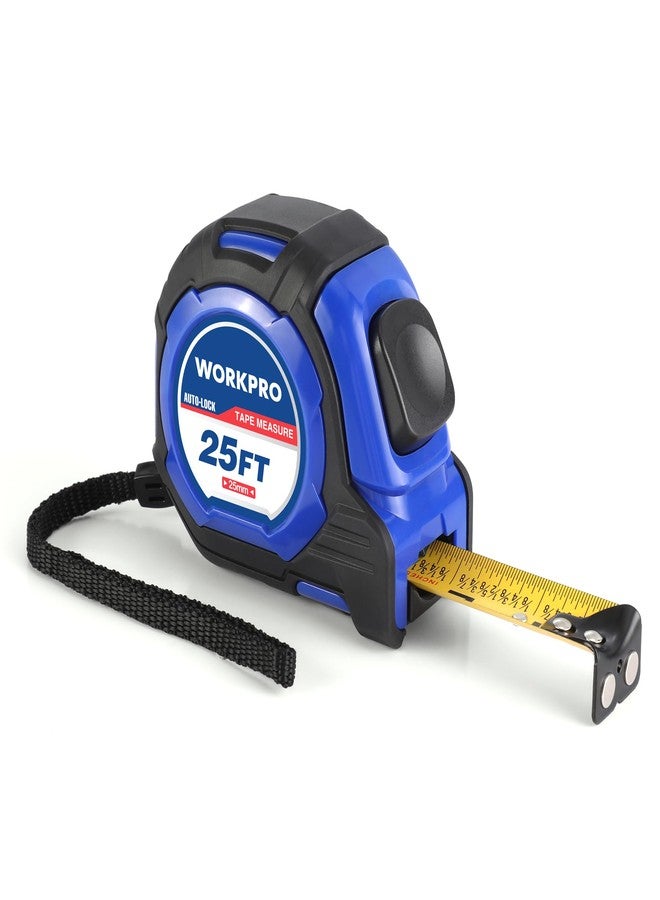 ووركبرو شريط قياس WORKPRO بطول 25 قدمًا بقفل تلقائي، شريط قياس سهل القراءة بدقة 1/8 كسور، شريط قياس مزدوج السحب بدقة 1/32 للمهندسين، مع خطاف مغناطيسي، وغلاف واقٍ مطاطي - Image 1