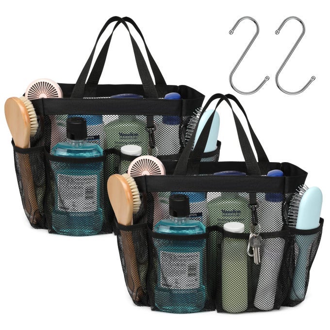 FCOLOR MESH SHOWER CADDY PORTABLE UPGRADE DEEPER 7 POCKETS SHOWER BAG BASKET TOTE FOR COLLEGE DORM ROOM BATHROOM ESSENTIALS GYM CAMP QUICK DRY 2 HANDLES WITH S HOOK 2 PACK BLACK