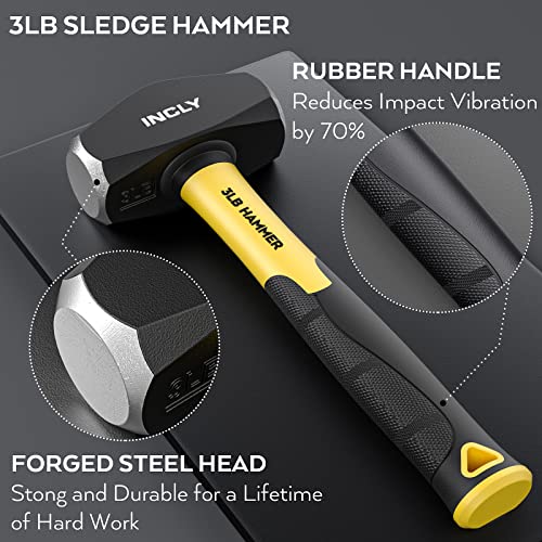 INCLY 4 PCS Geology Rock Pick Equipment Kit, 3 Pound Sledge Rock Hammer with 12" Mason Concrete Chisel, Safety Glasses, Gloves, Tool Set for Hounding, Gold Mining & Prospecting, Brick Stone Breaking - Image 2