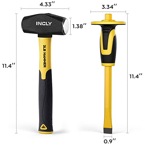 INCLY 4 PCS Geology Rock Pick Equipment Kit, 3 Pound Sledge Rock Hammer with 12" Mason Concrete Chisel, Safety Glasses, Gloves, Tool Set for Hounding, Gold Mining & Prospecting, Brick Stone Breaking - Image 4