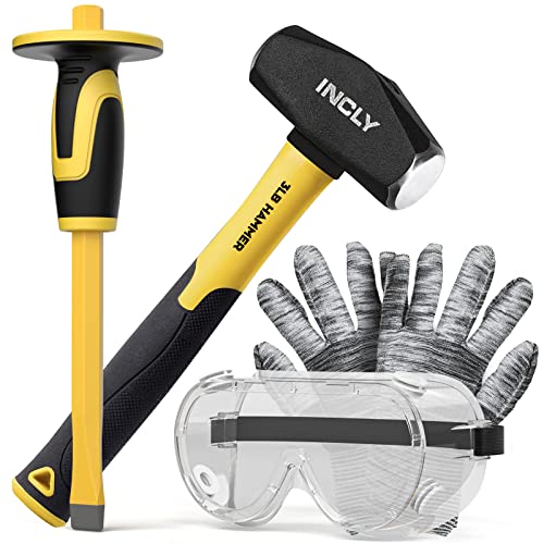 INCLY 4 PCS Geology Rock Pick Equipment Kit, 3 Pound Sledge Rock Hammer with 12" Mason Concrete Chisel, Safety Glasses, Gloves, Tool Set for Hounding, Gold Mining & Prospecting, Brick Stone Breaking - Image 1